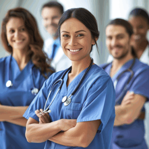 Gruppe lächelnder Pflegekräfte in blauer Berufskleidung in Ausbildung und Leitung – Symbolbild für verantwortliche Pflegekräfte in der PDL.